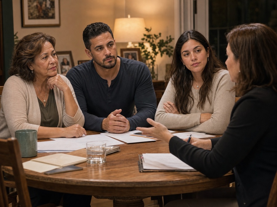 A family planning an intervention with a professional at a dining room table