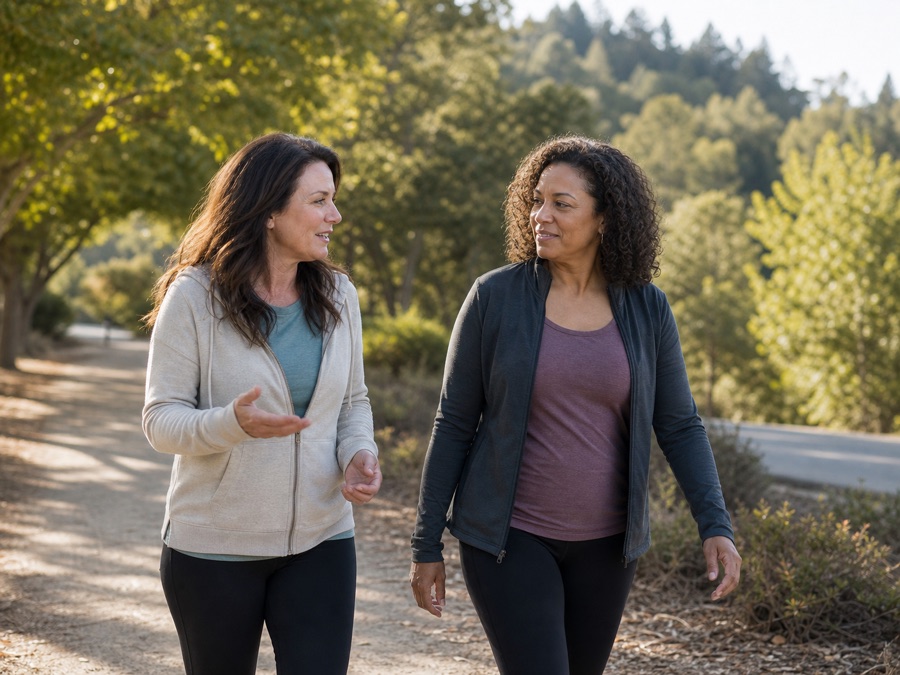 A recovery coach and client walking together outdoors