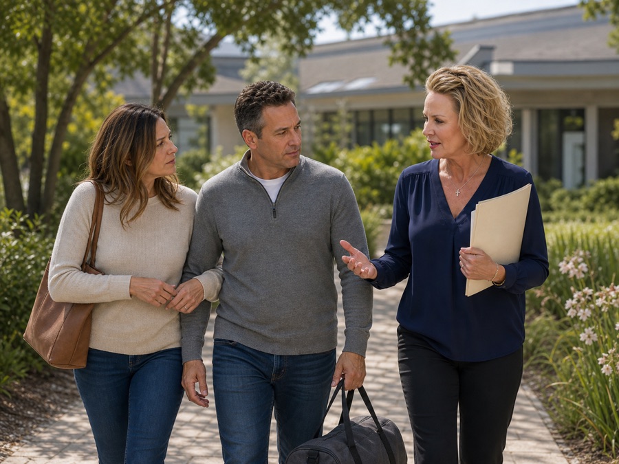 A treatment placement consultant walking with parents outside a care setting